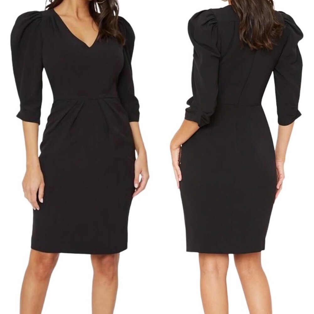 Black Halo Livia Puff Shoulder ¾ Sleeve Pleated Sheath Dress in Black Size 10